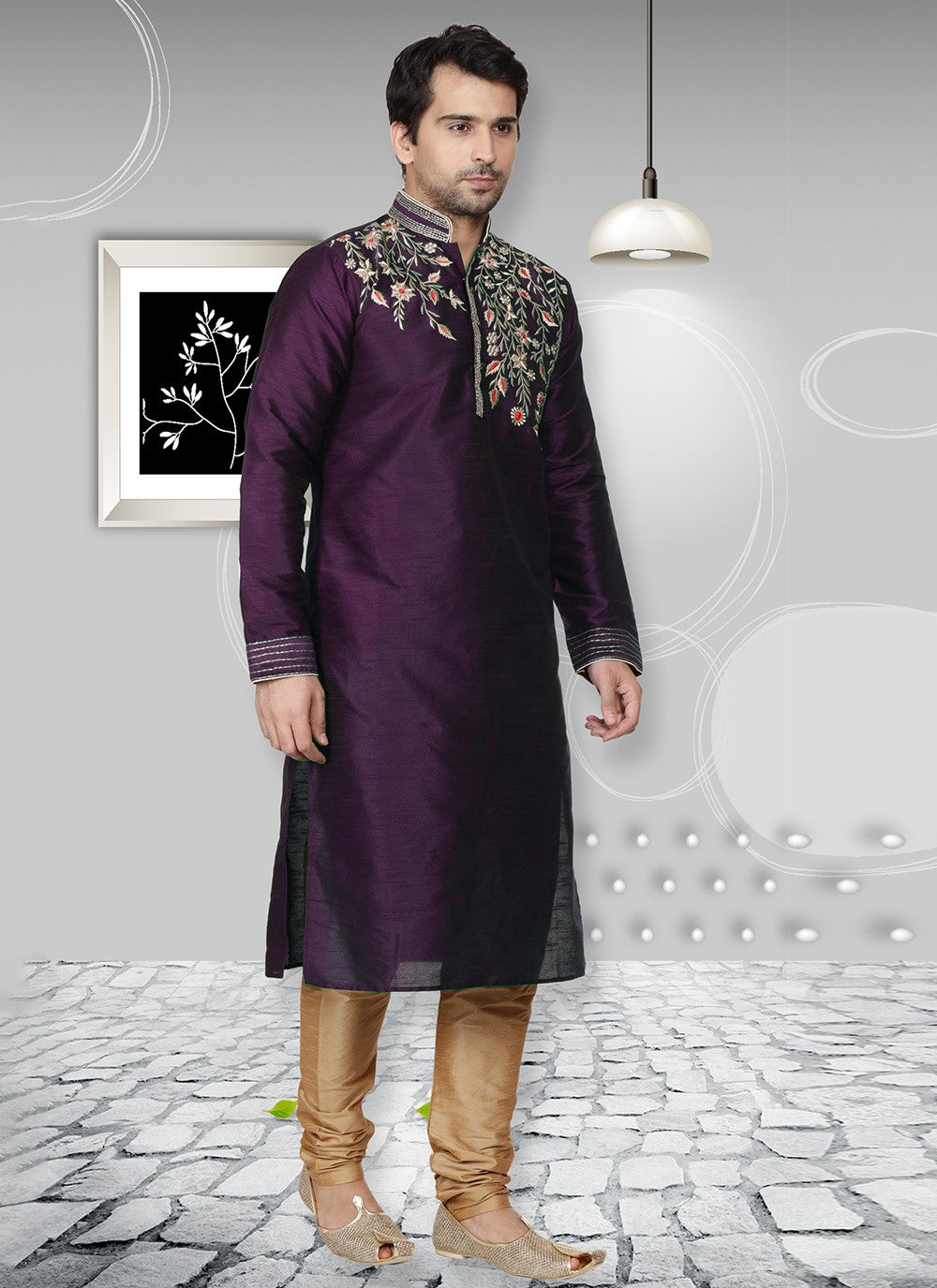 Embroidered Dupion Silk Purple Kurta Pyjama - M6559