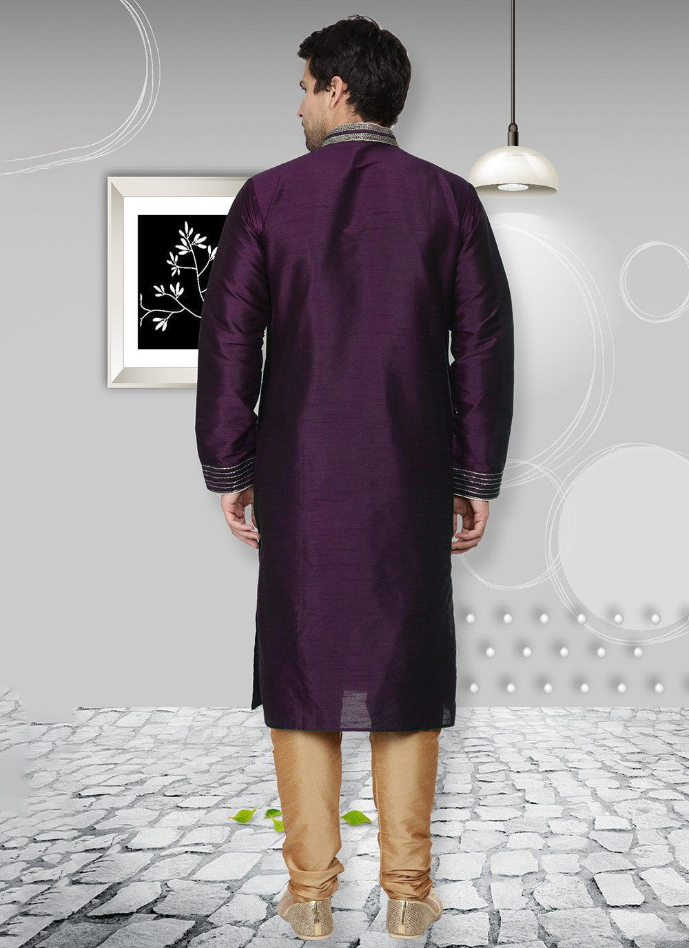 Embroidered Dupion Silk Purple Kurta Pyjama - M6559