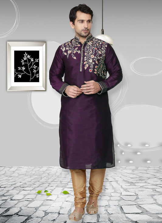 Embroidered Dupion Silk Purple Kurta Pyjama - M6559