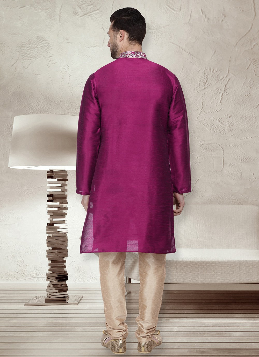 Embroidered Dupion Silk Purple Kurta Pyjama - M6563