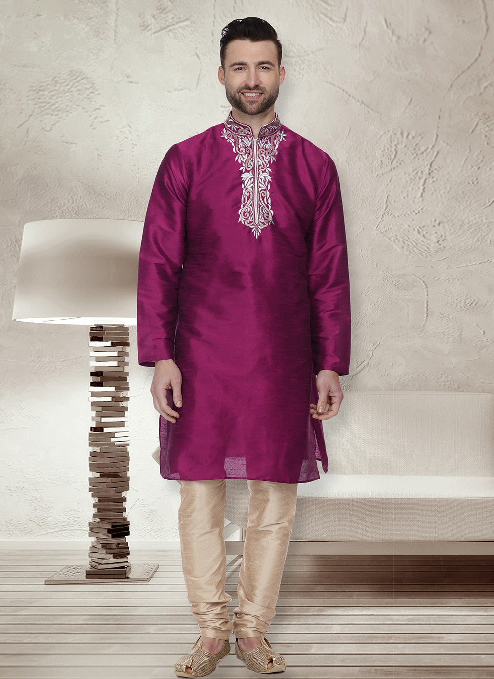 Embroidered Dupion Silk Purple Kurta Pyjama - M6563