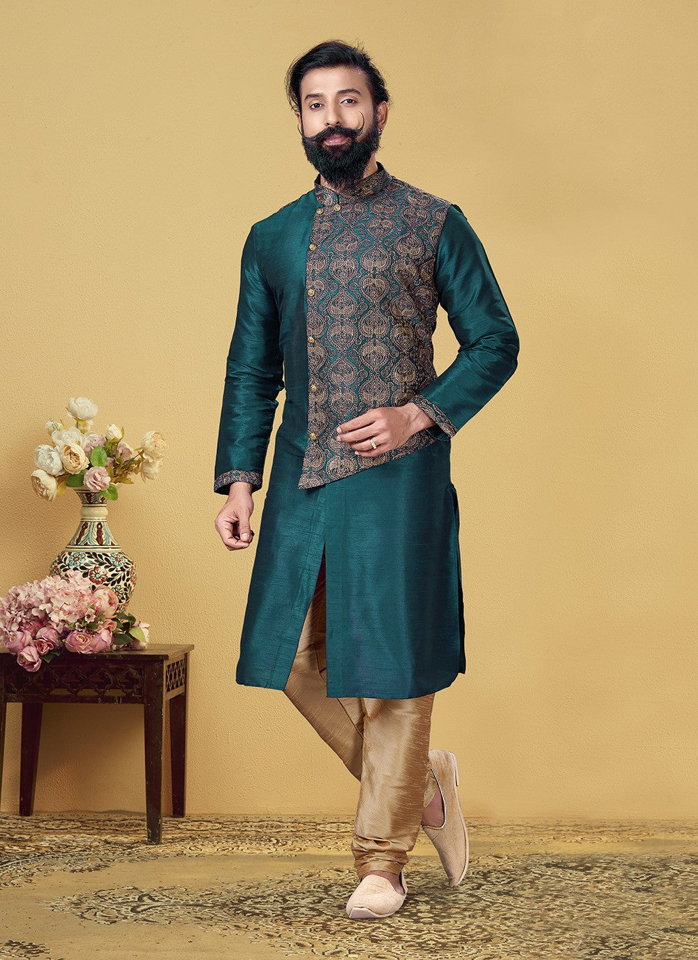 Embroidered Dupion Silk Teal Kurta Pyjama - M2064