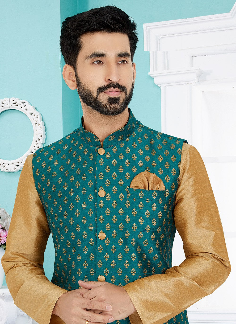 Fancy Work Dupion Silk Beige, Green Kurta Payjama With Jacket - M5493