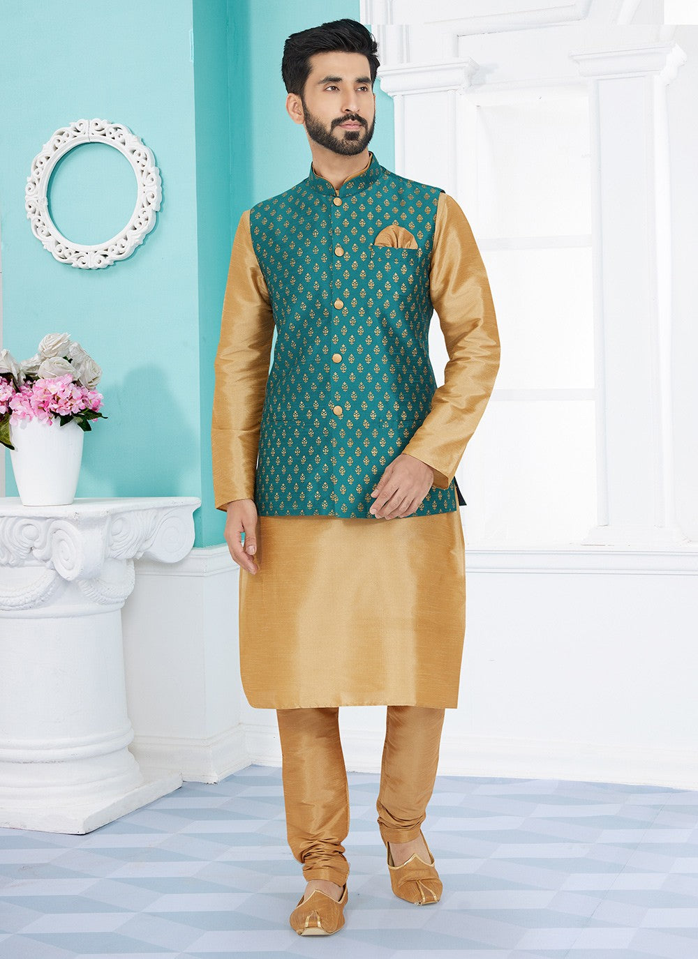 Fancy Work Dupion Silk Beige, Green Kurta Payjama With Jacket - M5493