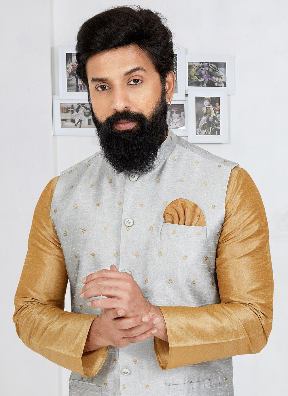 Fancy Work Dupion Silk Beige, Grey Kurta Payjama With Jacket - M5504