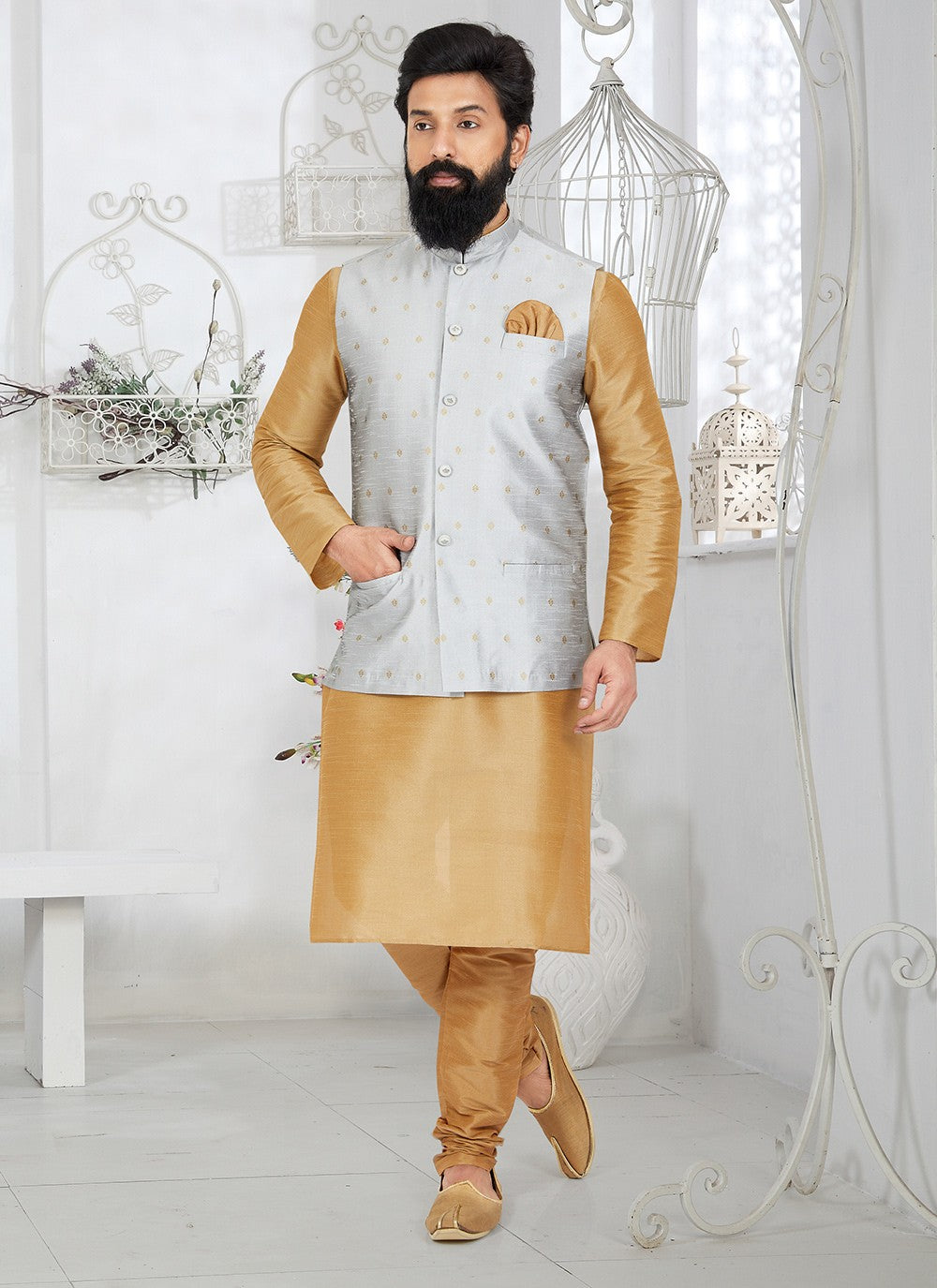 Fancy Work Dupion Silk Beige, Grey Kurta Payjama With Jacket - M5504