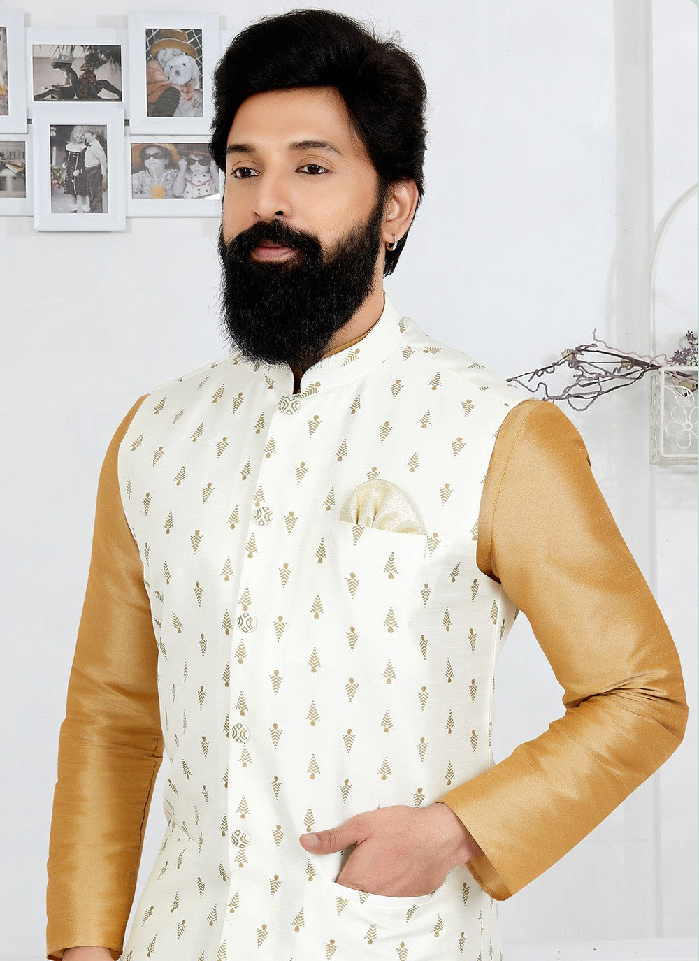 Fancy Work Dupion Silk Beige, White Kurta Payjama With Jacket - M5501