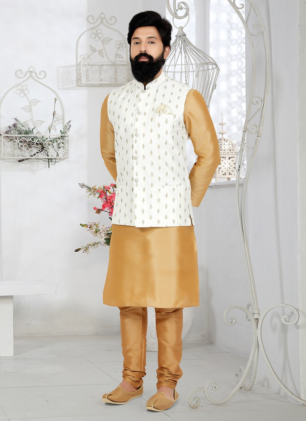 Fancy Work Dupion Silk Beige, White Kurta Payjama With Jacket - M5501