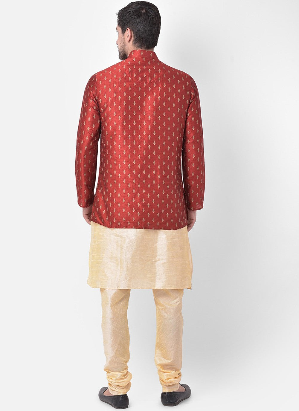 Fancy Work Dupion Silk Cream, Maroon Kurta Payjama With Jacket - M5223