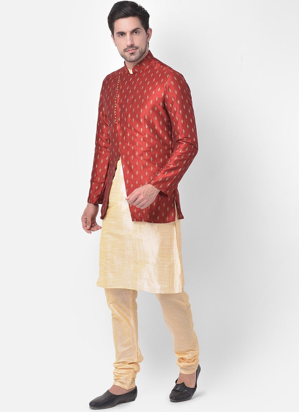 Fancy Work Dupion Silk Cream, Maroon Kurta Payjama With Jacket - M5223