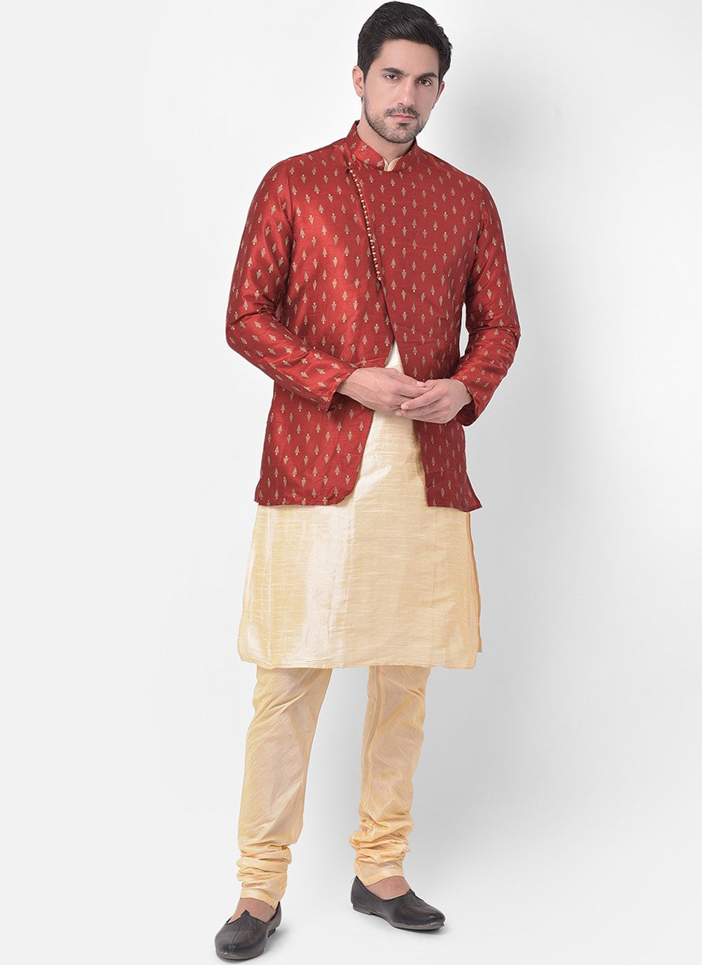 Fancy Work Dupion Silk Cream, Maroon Kurta Payjama With Jacket - M5223