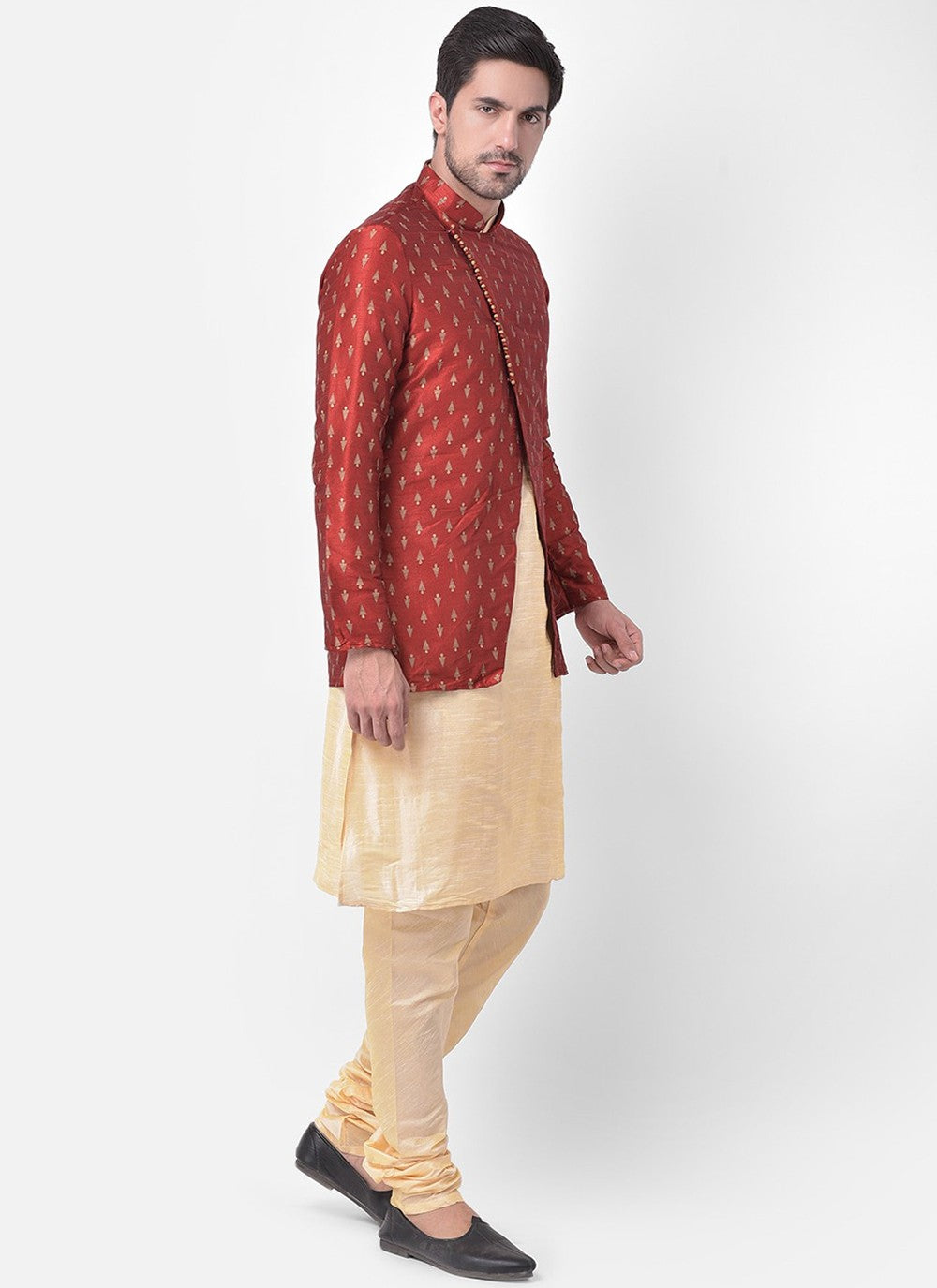 Fancy Work Dupion Silk Cream, Maroon Kurta Payjama With Jacket - M5223