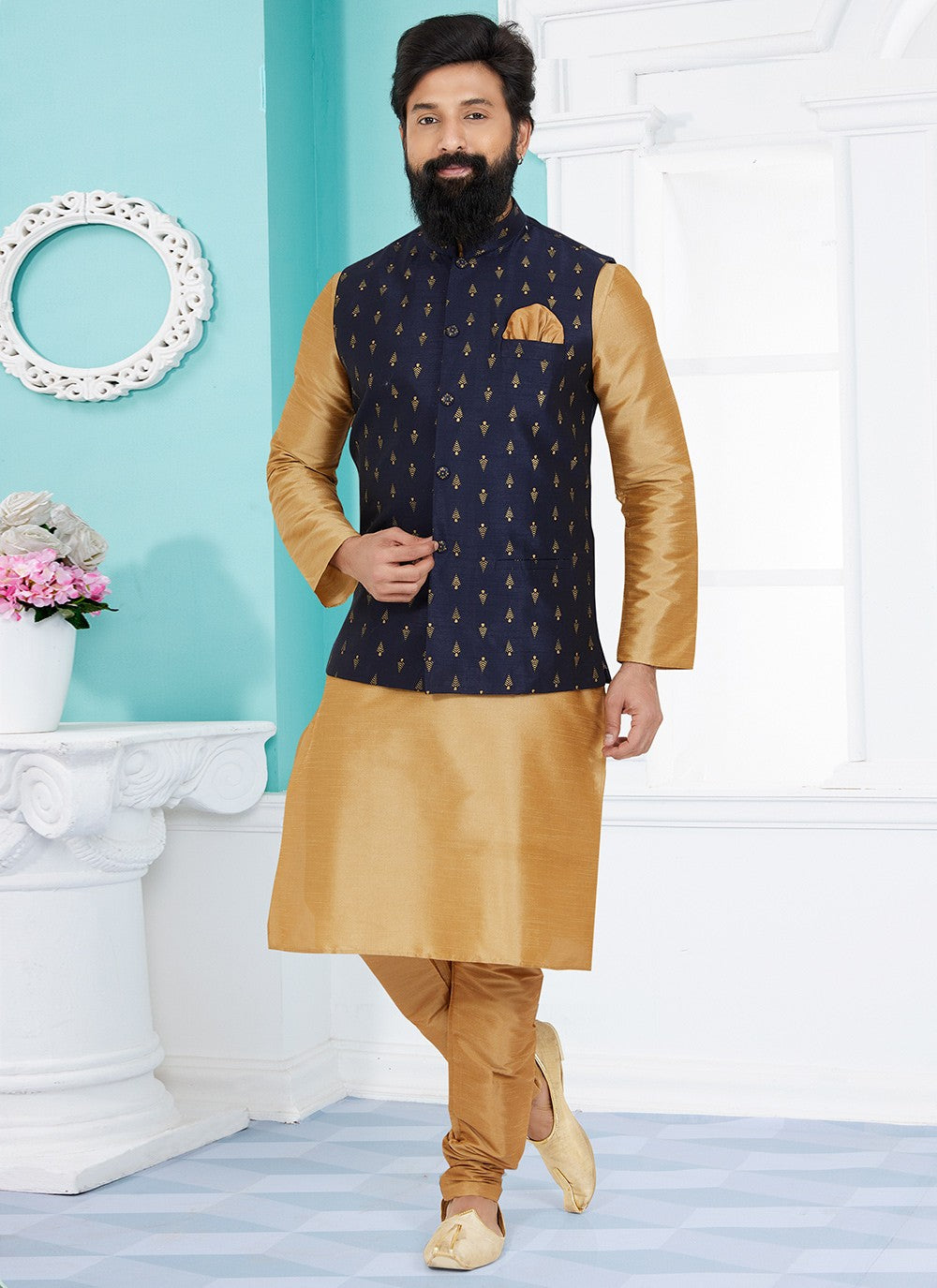 Fancy Work Dupion Silk Beige, Navy Blue Kurta Payjama With Jacket - M5490