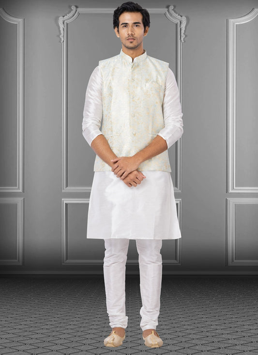 Fancy Work Dupion Silk, Linen Off White Kurta Payjama With Jacket - M3774