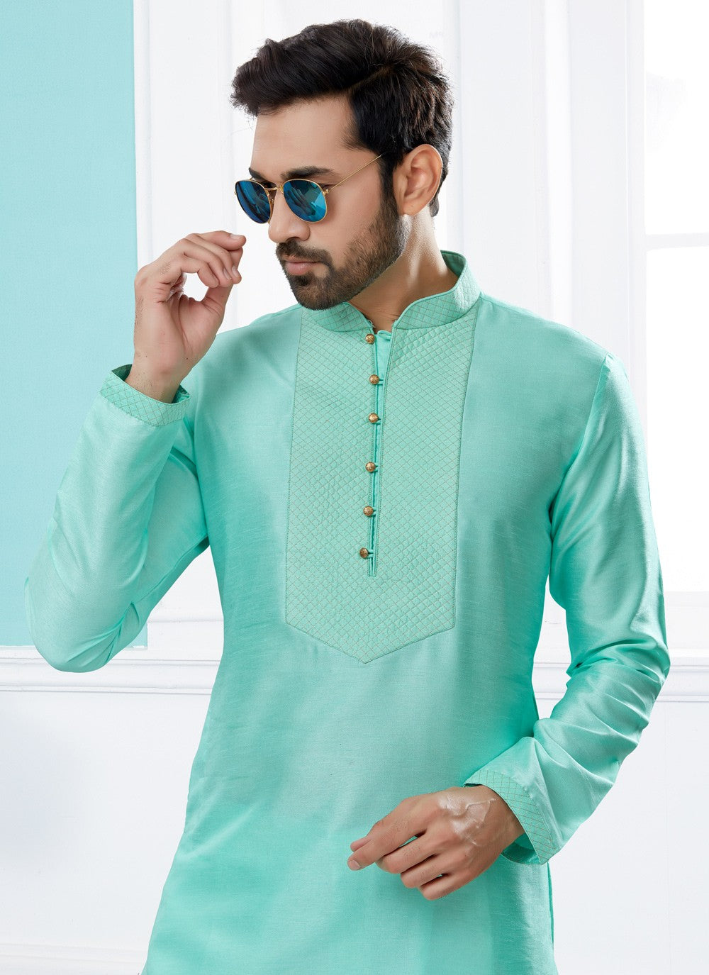 Embroidered Dupion Silk Firozi Kurta Pyjama - M4050