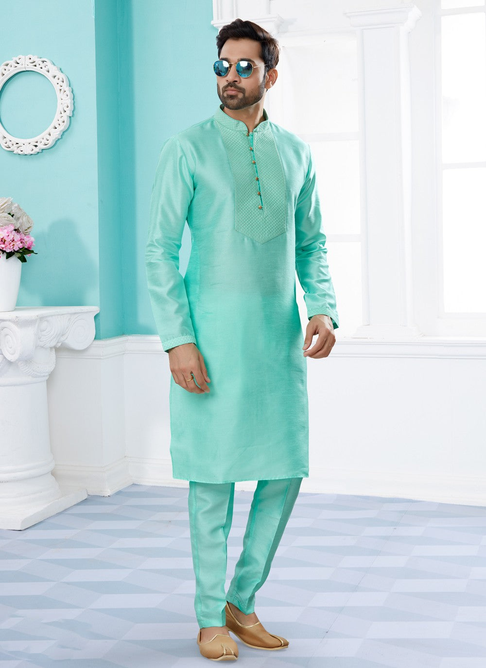 Embroidered Dupion Silk Firozi Kurta Pyjama - M4050