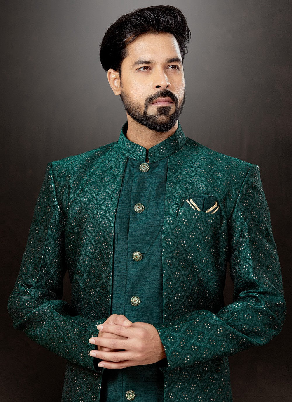 Embroidered Dupion Silk, Jacquard Green Indo Western Sherwani - M4808