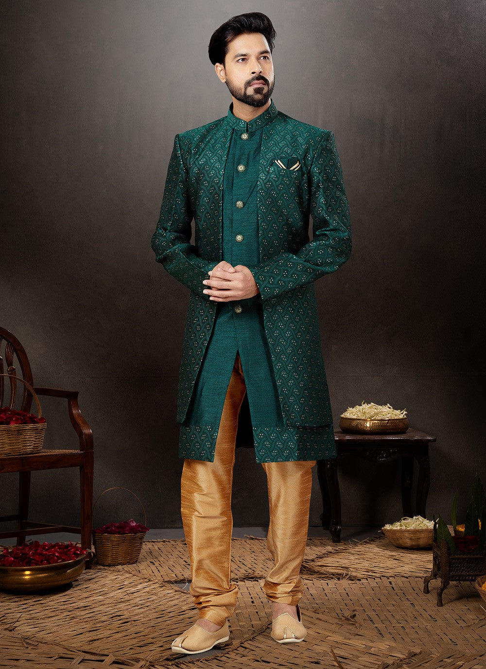 Embroidered Dupion Silk, Jacquard Green Indo Western Sherwani - M4808