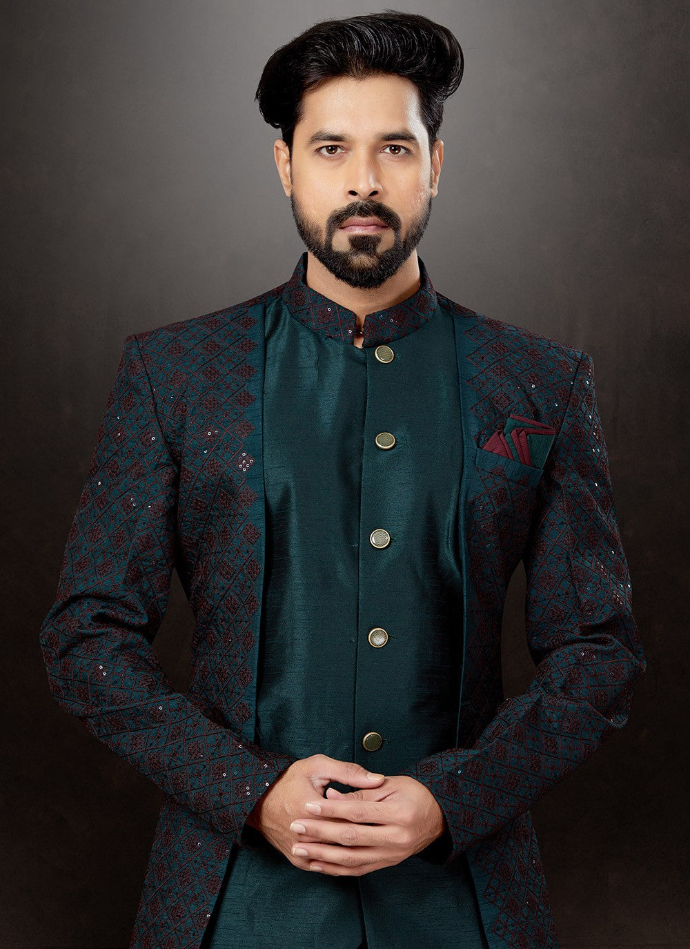 Embroidered Dupion Silk, Jacquard Green Indo Western Sherwani - M4798