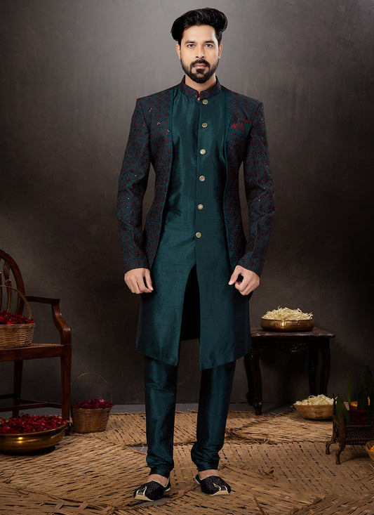 Embroidered Dupion Silk, Jacquard Green Indo Western Sherwani - M4798