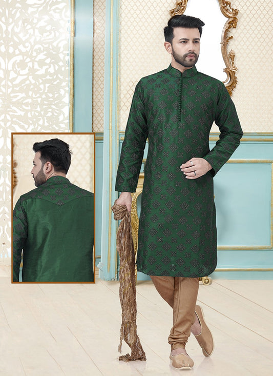 Embroidered Dupion Silk Green Kurta Pyjama - M2099