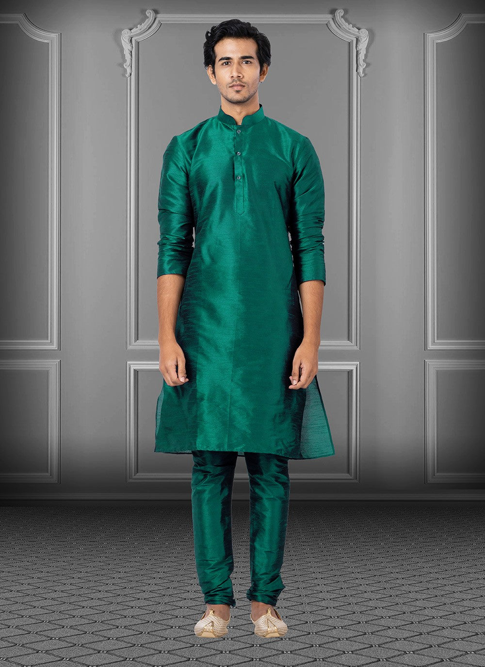 Plain Dupion Silk Green Kurta Pyjama - M3676