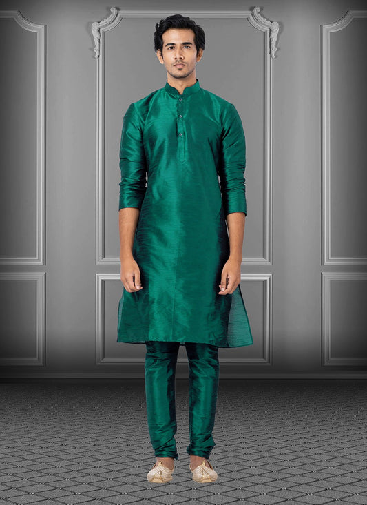 Plain Dupion Silk Green Kurta Pyjama - M3676