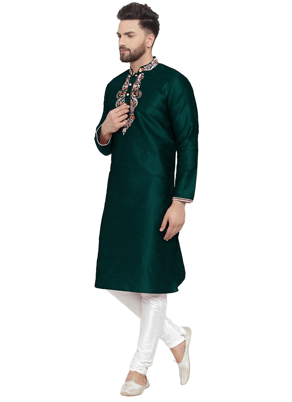 Embroidered Dupion Silk Green Kurta Pyjama - M7341