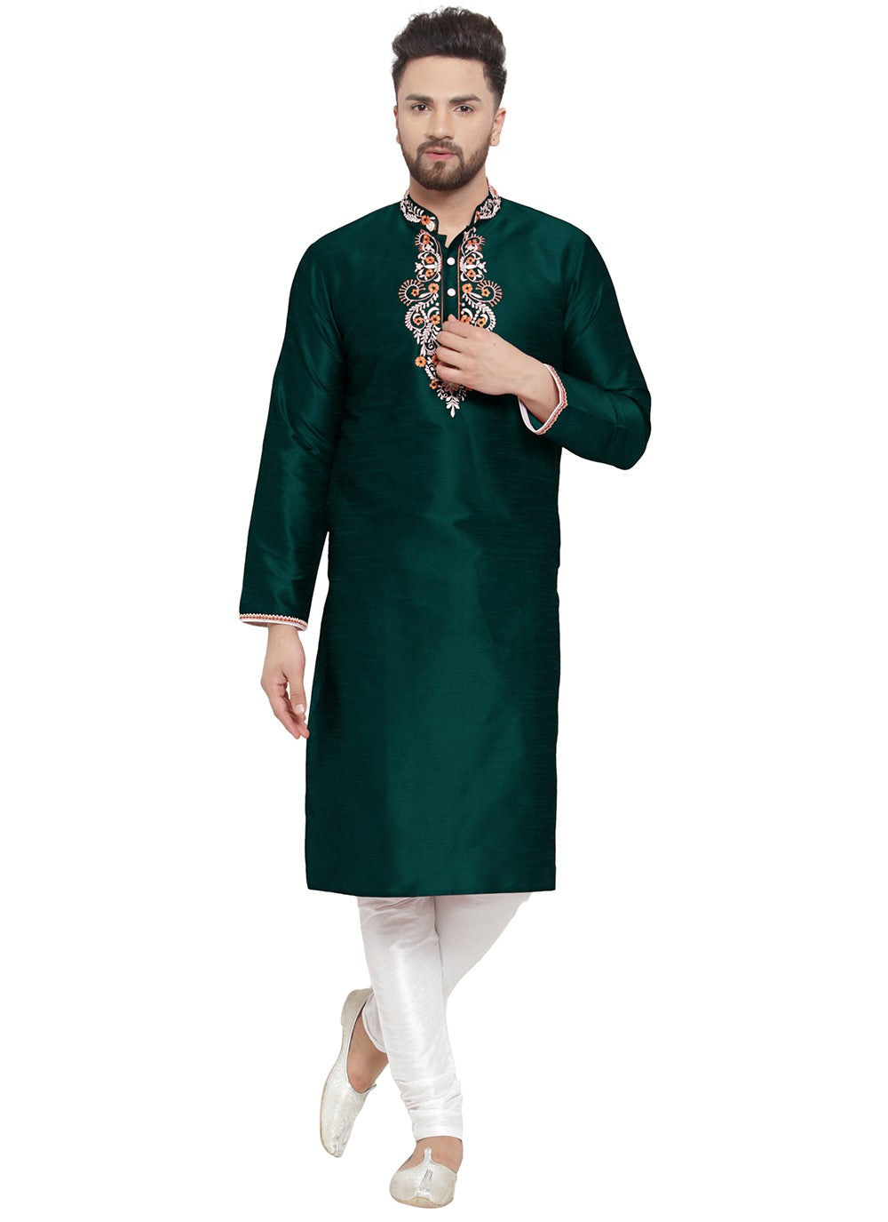 Embroidered Dupion Silk Green Kurta Pyjama - M7341