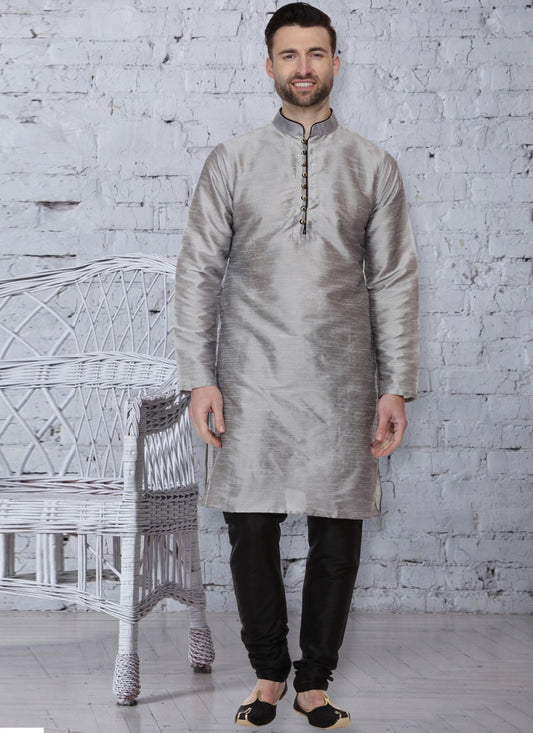 Embroidered Dupion Silk Grey Kurta Pyjama - M1079