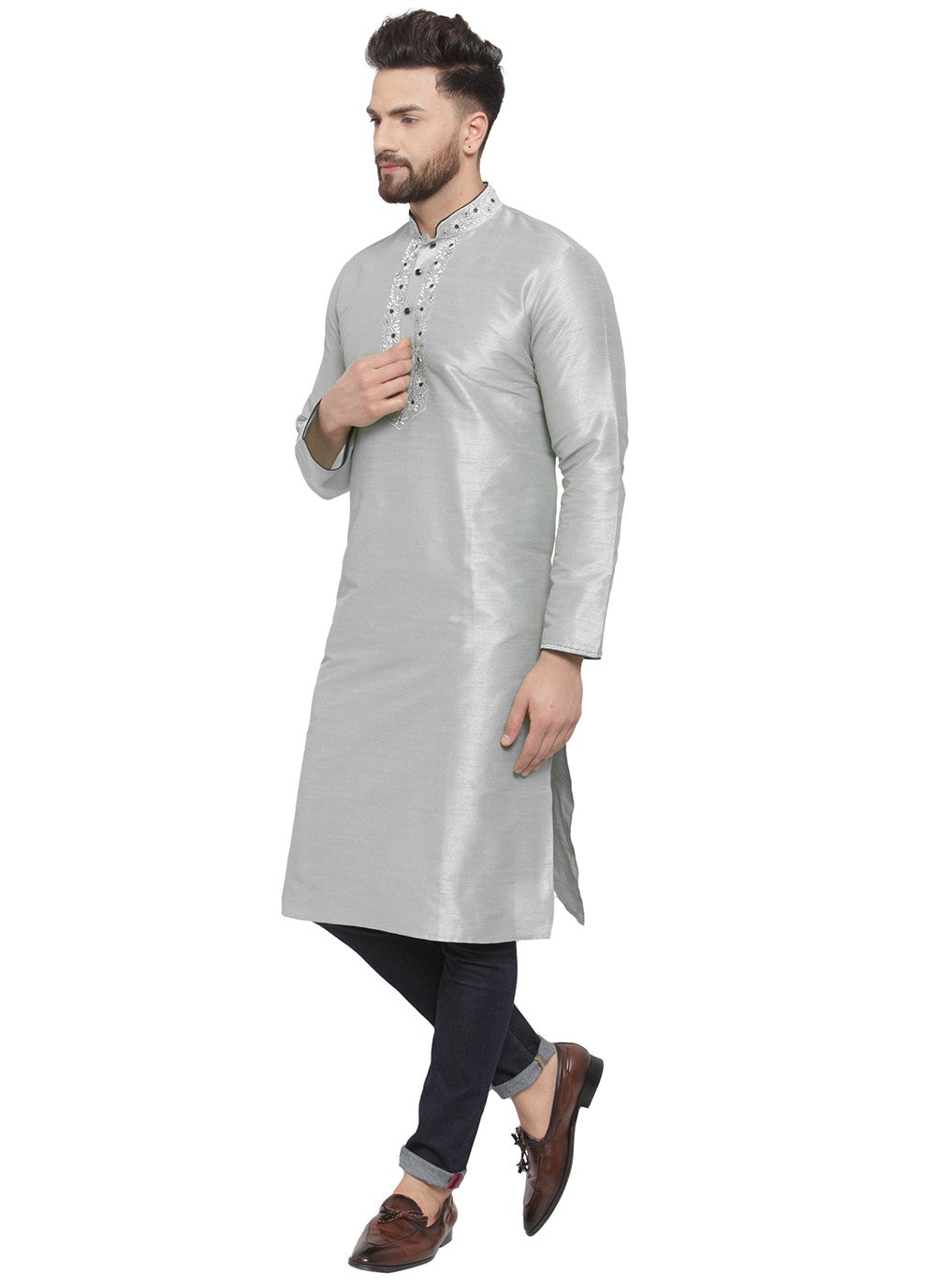 Embroidered Dupion Silk Grey Kurta Pyjama - M7305