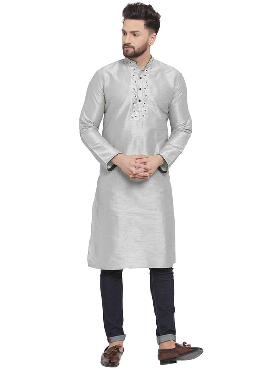 Embroidered Dupion Silk Grey Kurta Pyjama - M7305