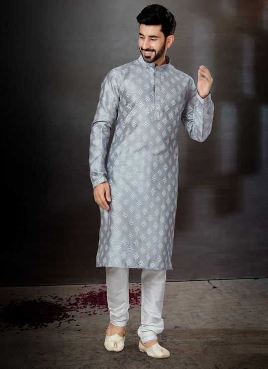 Printed Dupion Silk Grey Kurta Pyjama - M4784