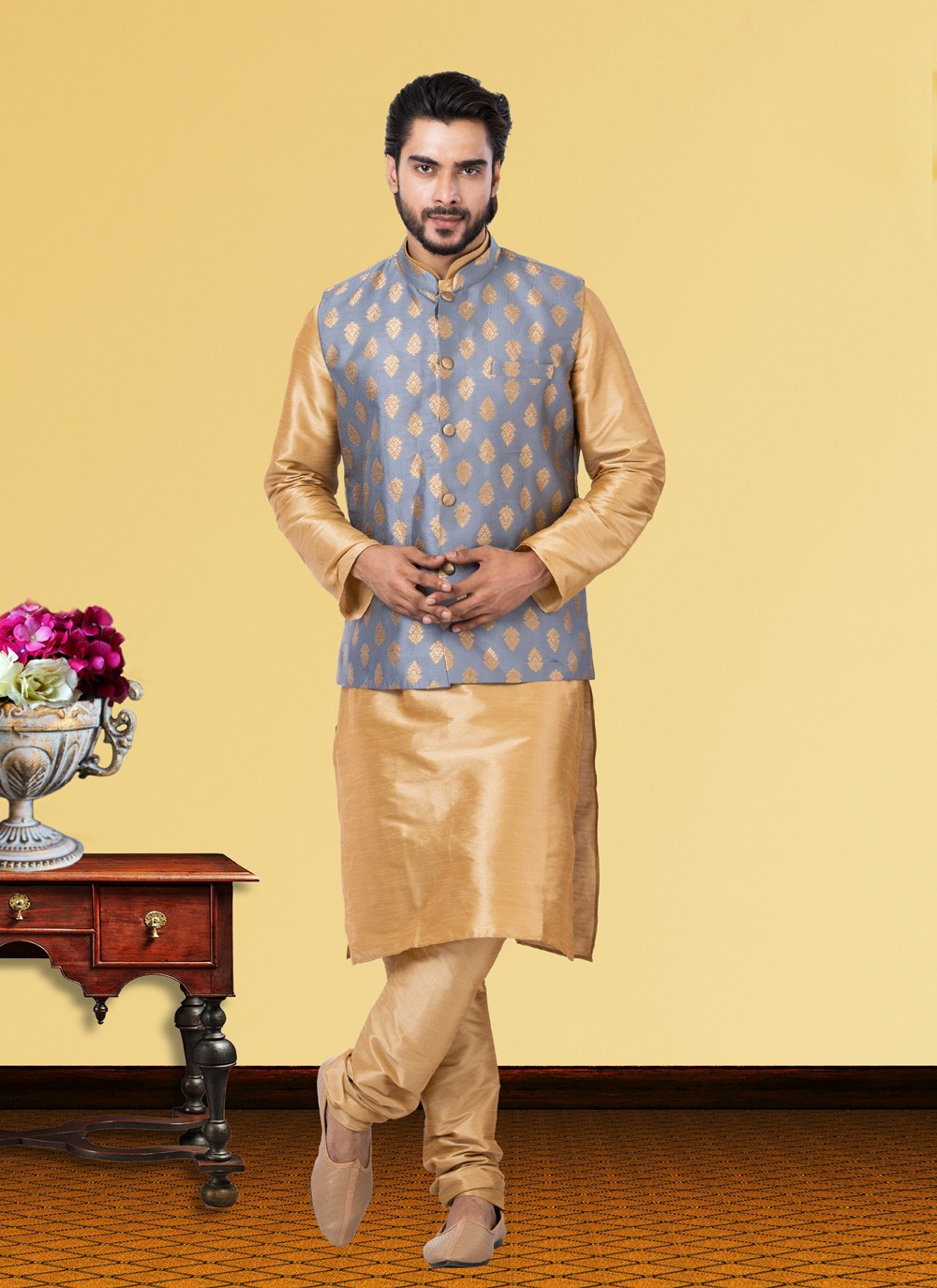 Jacquard Work Dupion Silk Beige, Lavender Kurta Payjama With Jacket - M3757