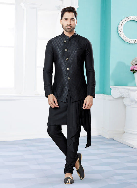 Jacquard Work Banarasi Silk, Dupion Silk Black Indo Western - M4040