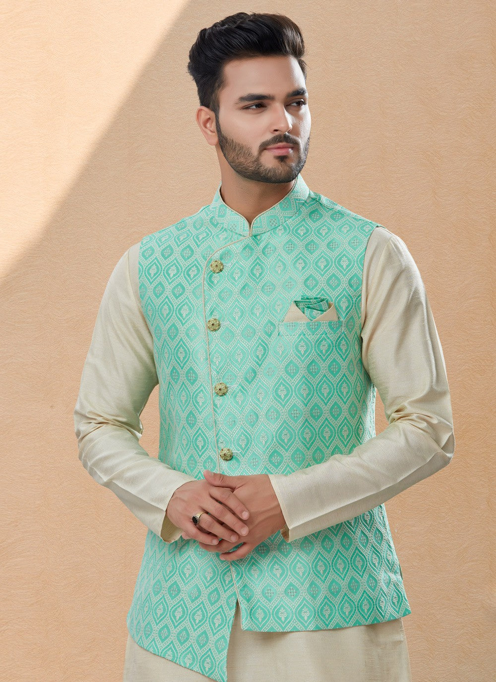 Jacquard Work Banarasi Silk, Dupion Silk Off White, Rama Kurta Payjama With Jacket - M4031