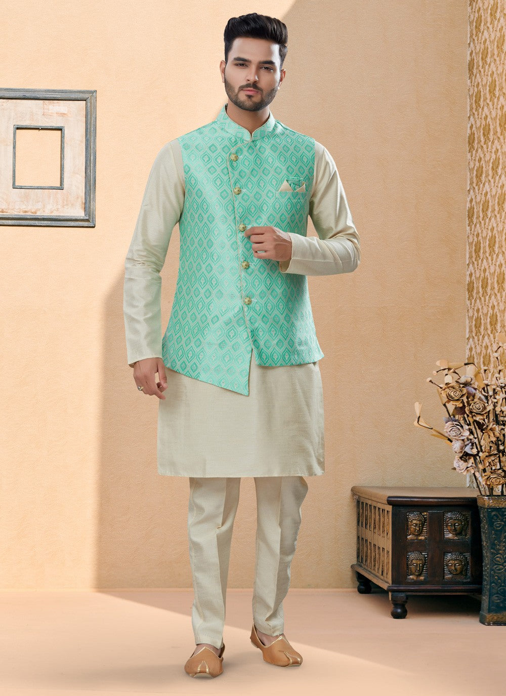 Jacquard Work Banarasi Silk, Dupion Silk Off White, Rama Kurta Payjama With Jacket - M4031