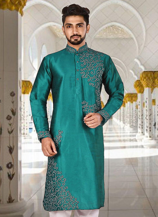 Aari Work Dupion Silk Sea Green Kurta - M2297