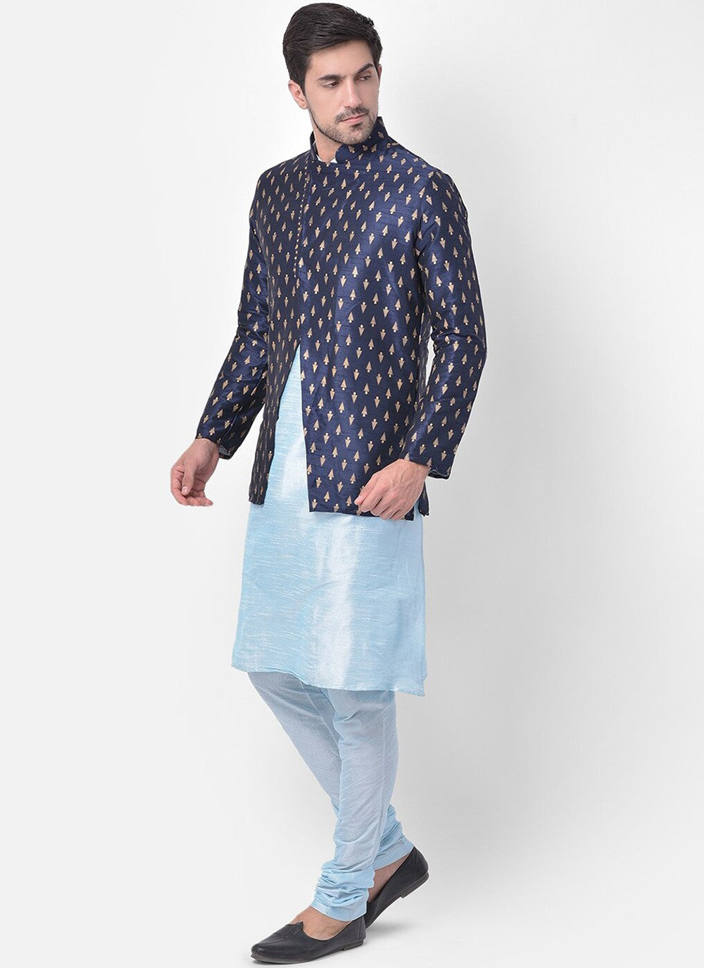 Fancy Work Dupion Silk Aqua Blue, Navy Blue Kurta Payjama With Jacket - M5226