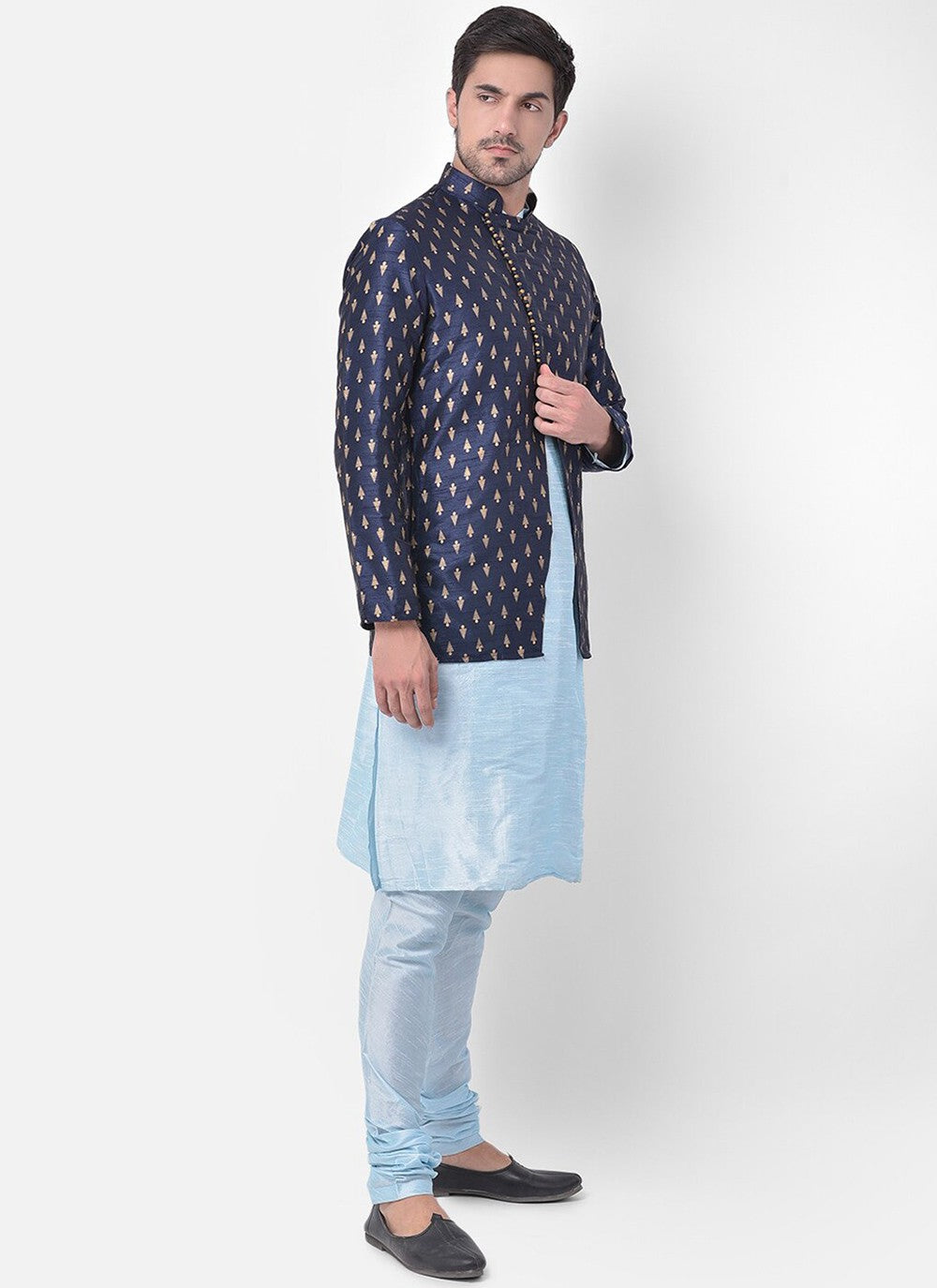 Fancy Work Dupion Silk Aqua Blue, Navy Blue Kurta Payjama With Jacket - M5226