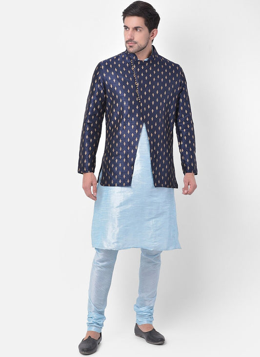 Fancy Work Dupion Silk Aqua Blue, Navy Blue Kurta Payjama With Jacket - M5226