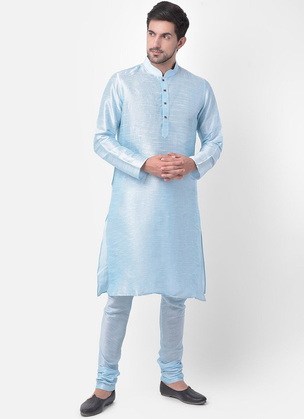 Fancy Work Dupion Silk Aqua Blue, Navy Blue Kurta Payjama With Jacket - M5226