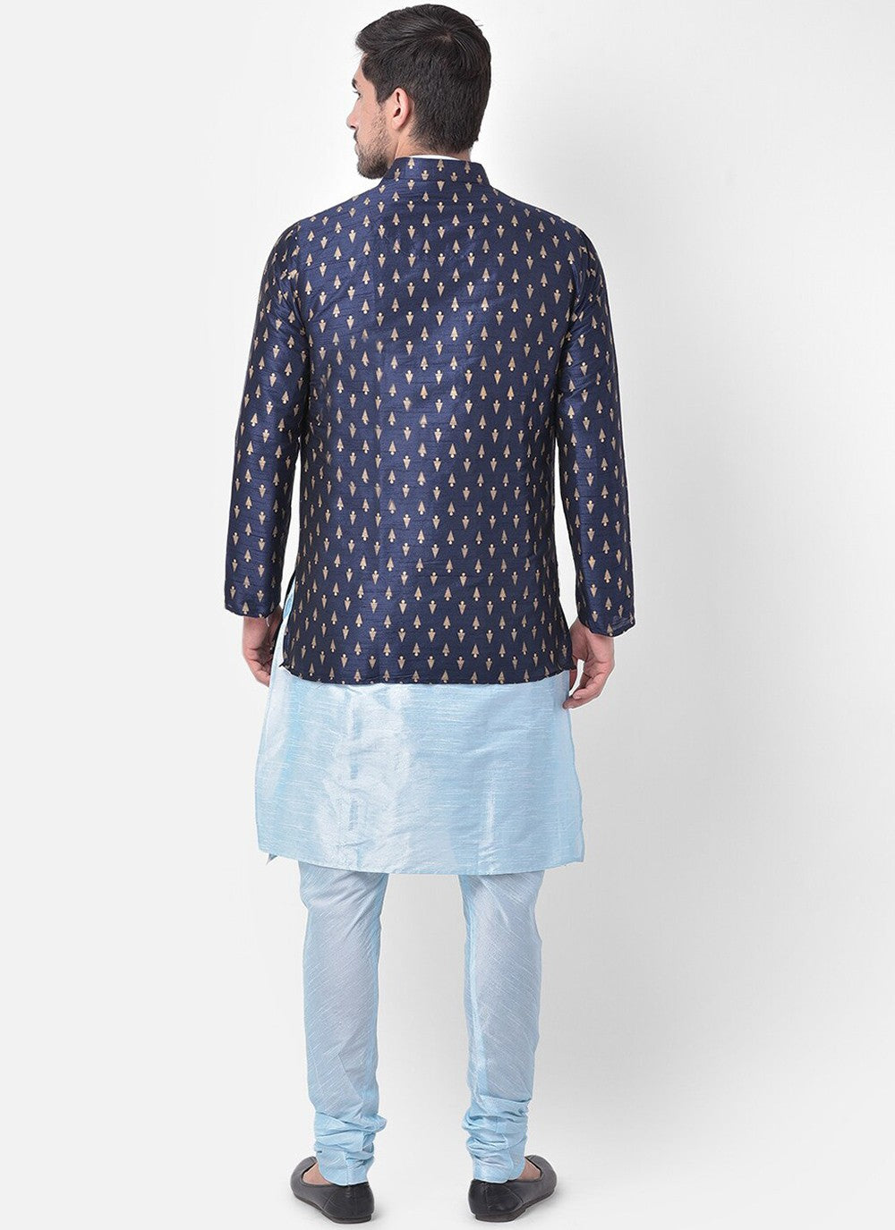 Fancy Work Dupion Silk Aqua Blue, Navy Blue Kurta Payjama With Jacket - M5226