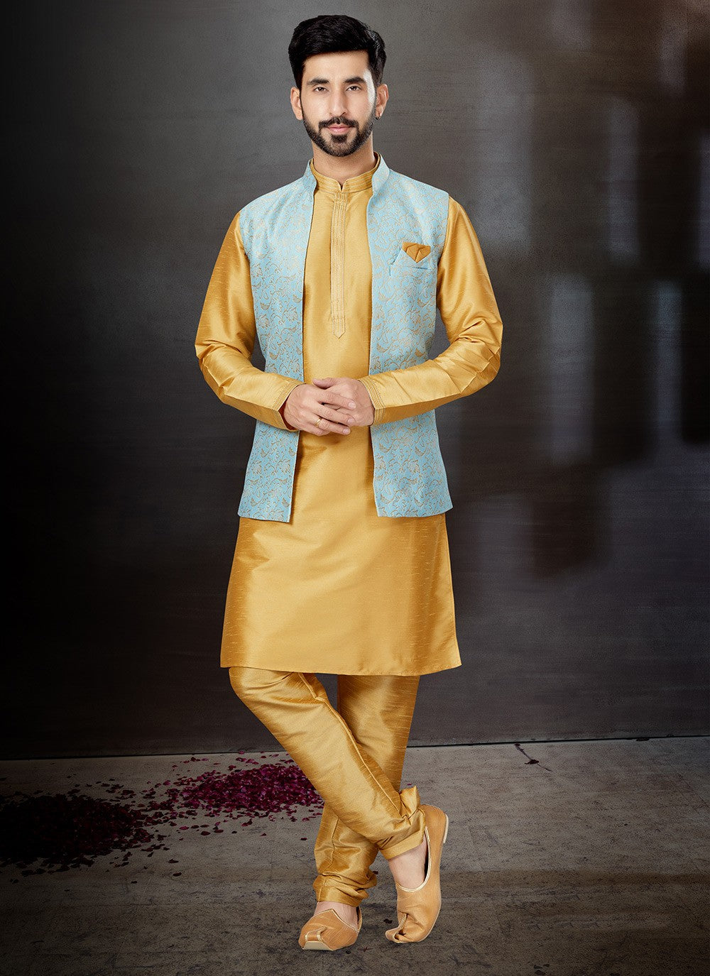 Embroidered Banarasi Jacquard, Dupion Silk Aqua Blue, Yellow Kurta Payjama With Jacket - M4764