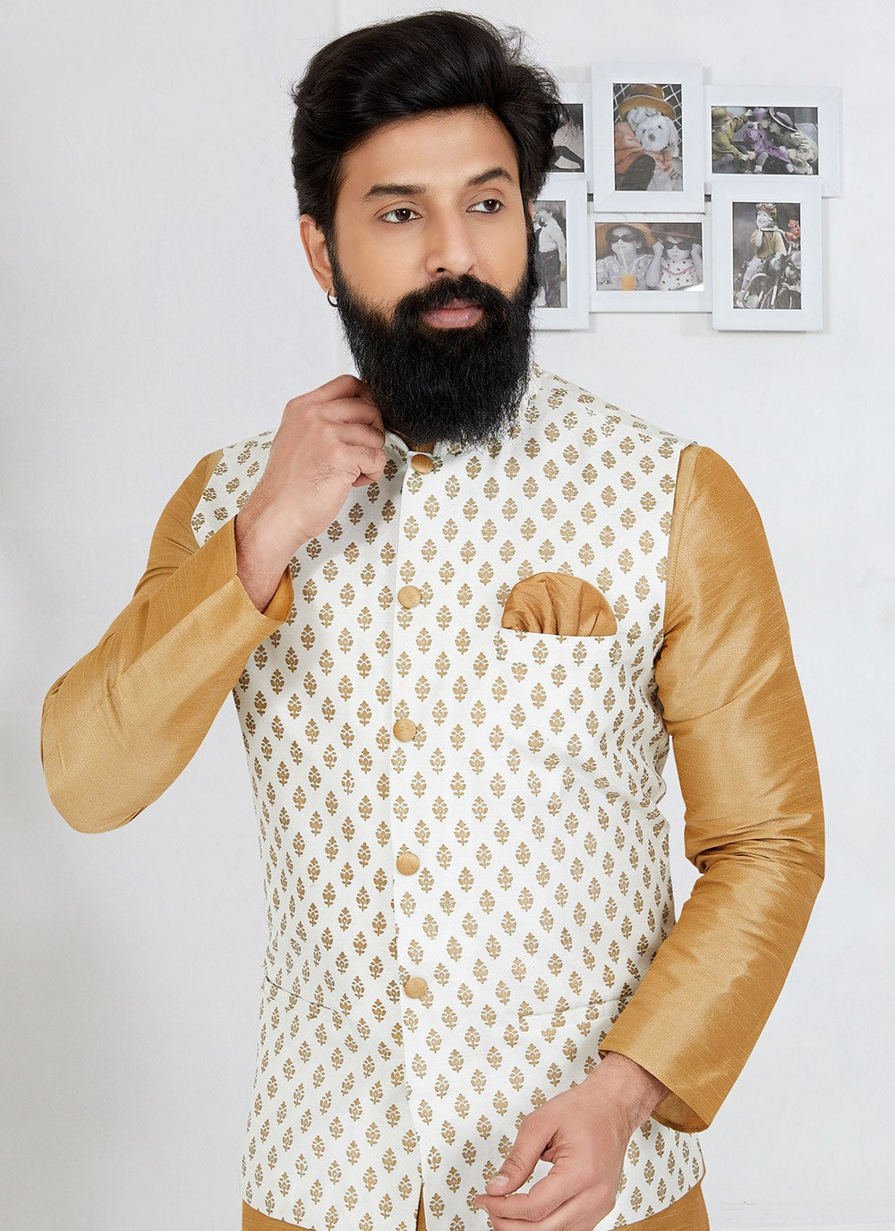 Fancy Work Dupion Silk Beige, White Kurta Payjama With Jacket - M5488