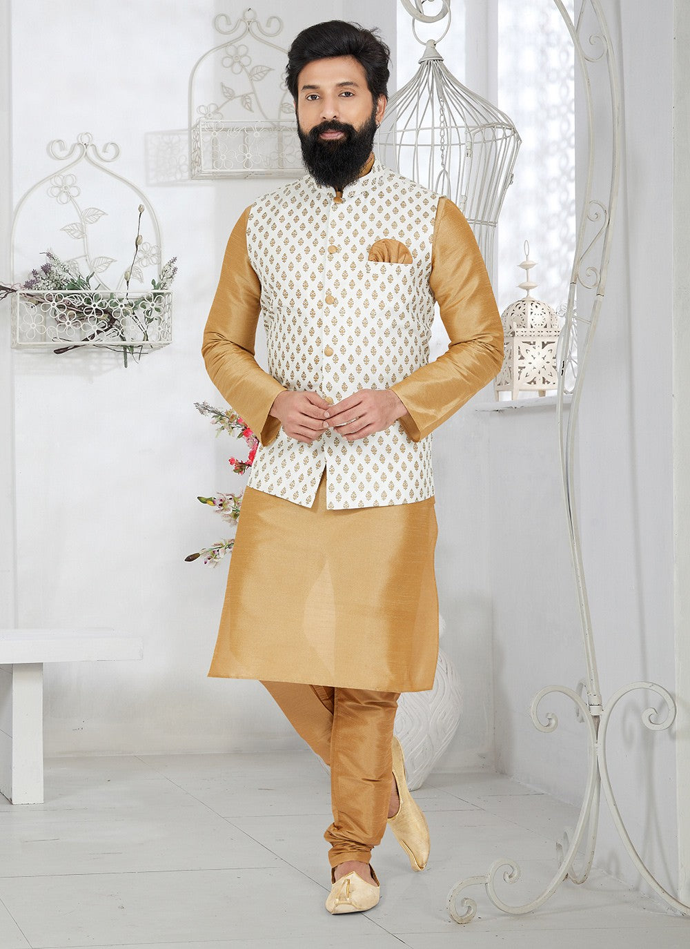 Fancy Work Dupion Silk Beige, White Kurta Payjama With Jacket - M5488