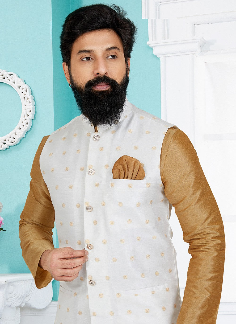 Fancy Work Dupion Silk Beige, White Kurta Payjama With Jacket - M5496