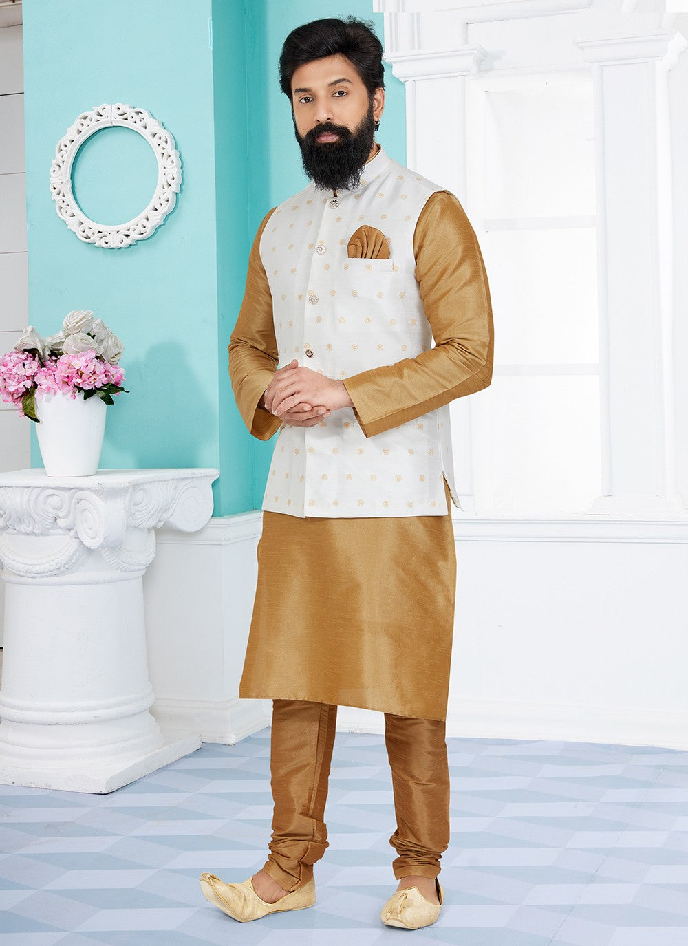 Fancy Work Dupion Silk Beige, White Kurta Payjama With Jacket - M5496