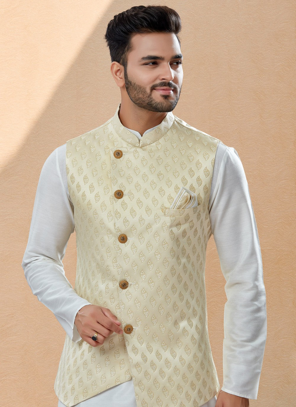 Jacquard Work Banarasi Silk, Dupion Silk Cream, Off White Kurta Payjama With Jacket - M4025