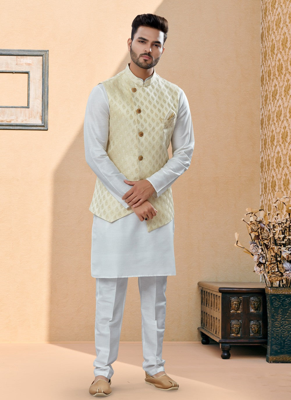 Jacquard Work Banarasi Silk, Dupion Silk Cream, Off White Kurta Payjama With Jacket - M4025